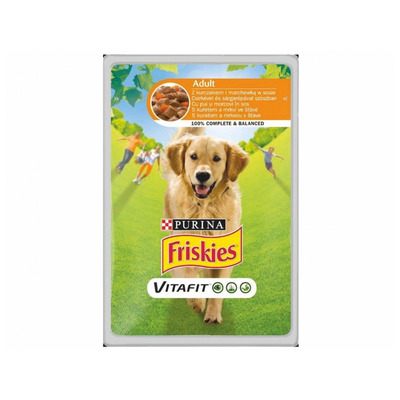 FRISKIES Dog ADULT kapsička s kuraťom a mrkvou v šťave 100g