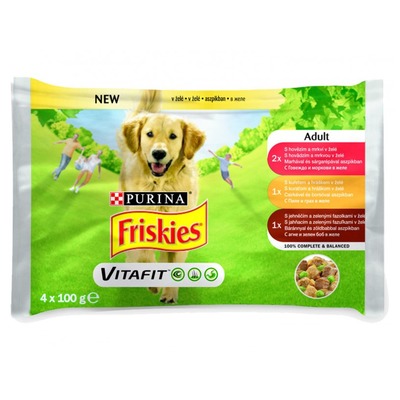 Obrázok FRISKIES Dog ADULT kapsička hov.+zemiaky, kura+mrkva, jahňa+mrkva v želé 4x100g
