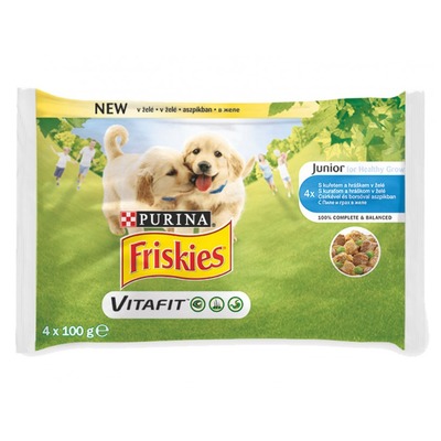 FRISKIES Dog JUNIOR kapsička s kuraťom a hráškom v želé 4x100g