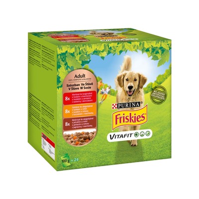 Obrázok FRISKIES Dog ADULT kapsička hov.+zemiaky, kura+mrkva, jahňa+mrkva šťava 24x100g